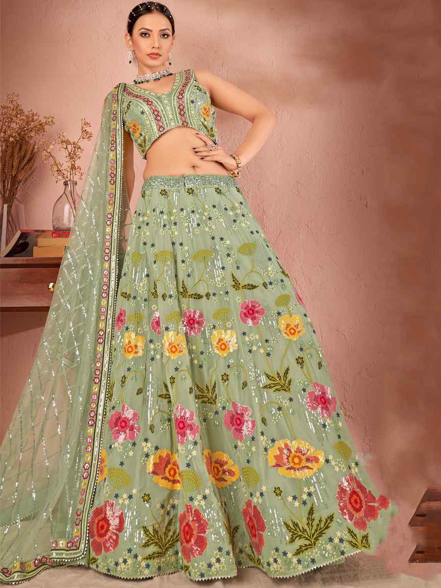 Green Georgette Embroidered Festival Ready Circular Lehenga Choli