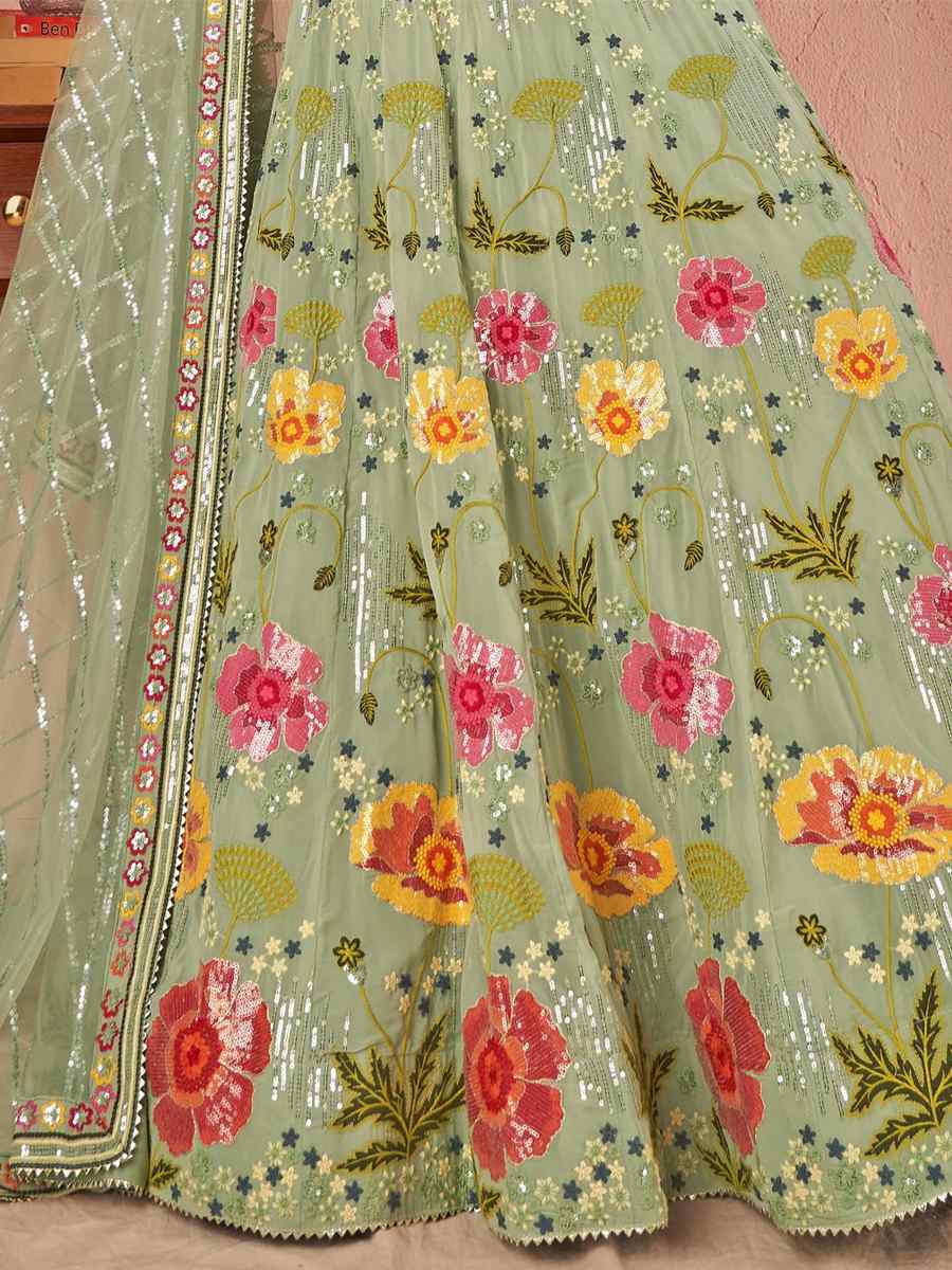 Green Georgette Embroidered Festival Ready Circular Lehenga Choli