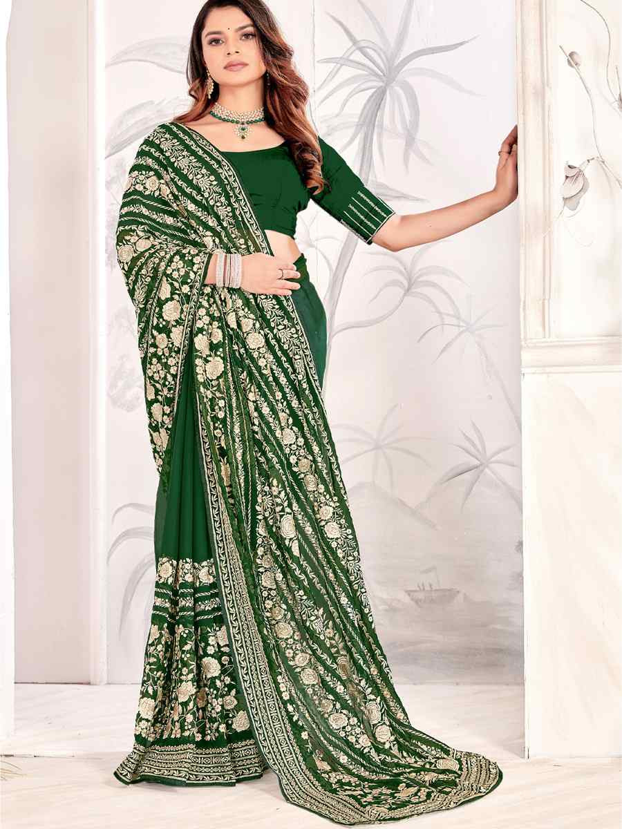 Green Georgette Embroidered Festival Wedding Fancy Heavy Border Saree