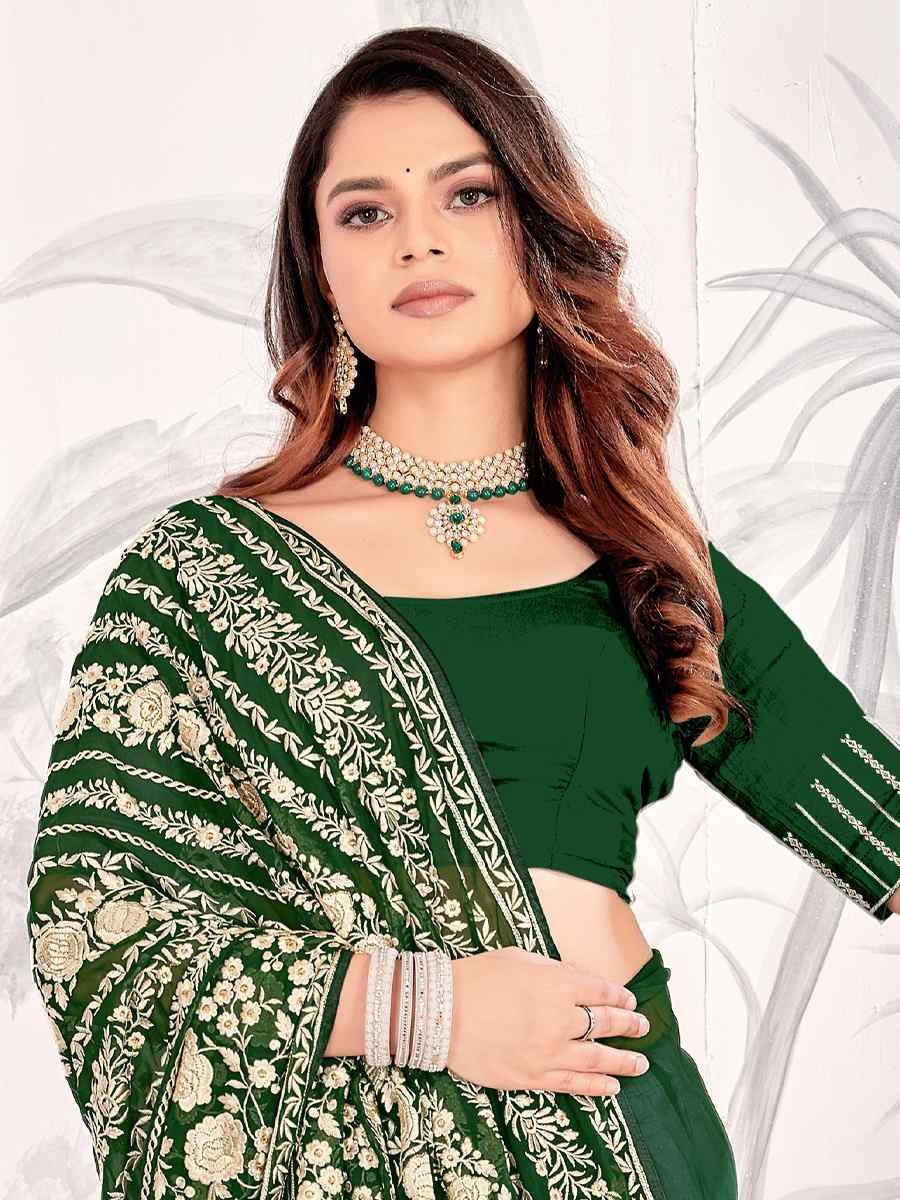 Green Georgette Embroidered Festival Wedding Fancy Heavy Border Saree