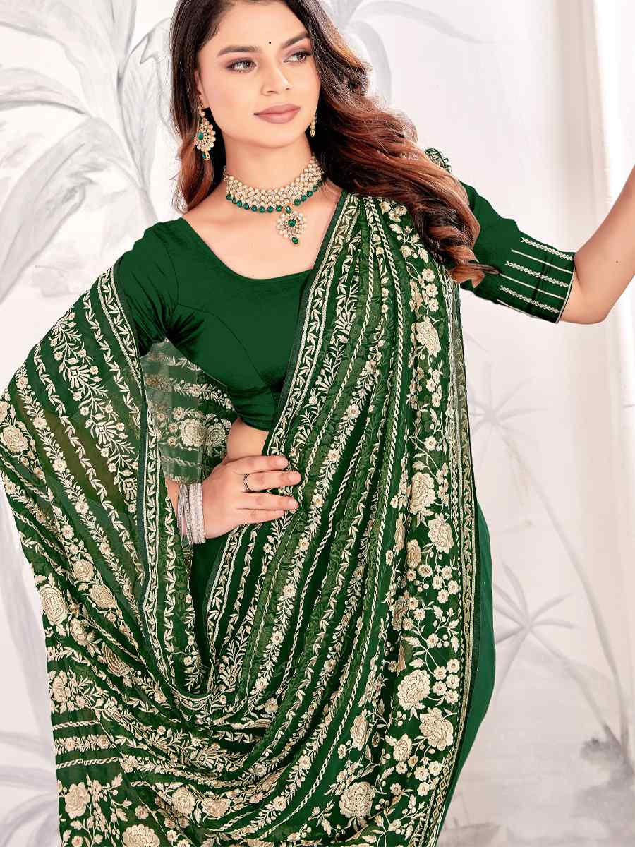 Green Georgette Embroidered Festival Wedding Fancy Heavy Border Saree