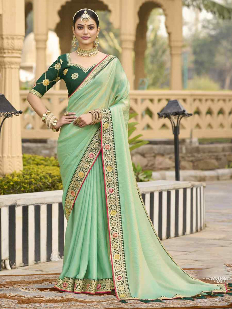 Green Georgette Embroidered Festival Wedding Fancy Heavy Border Saree