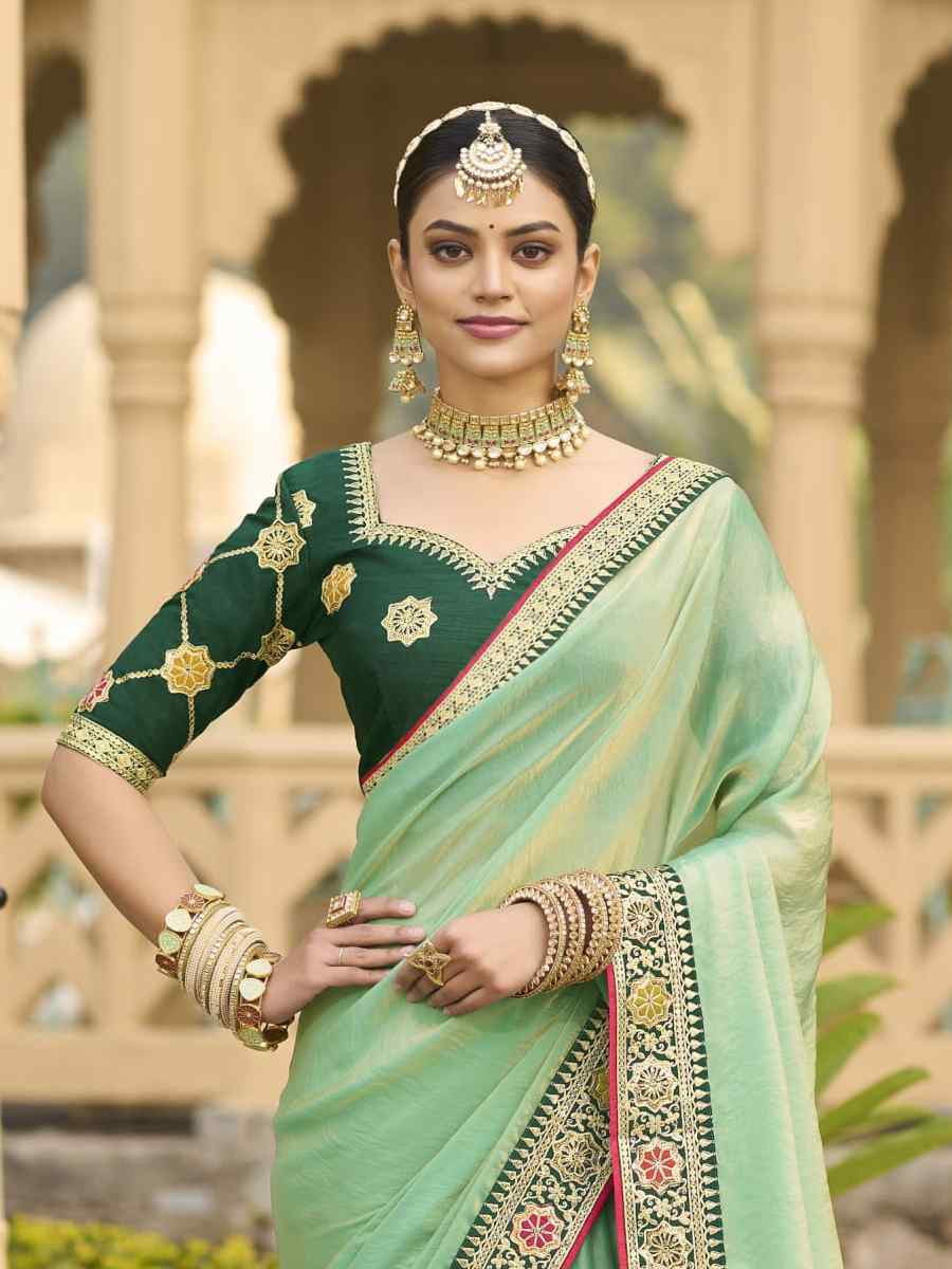 Green Georgette Embroidered Festival Wedding Fancy Heavy Border Saree