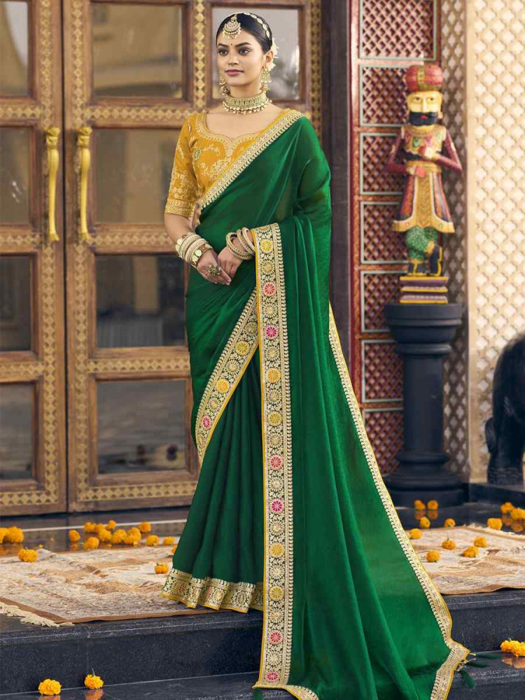 Green Georgette Embroidered Festival Wedding Fancy Heavy Border Saree