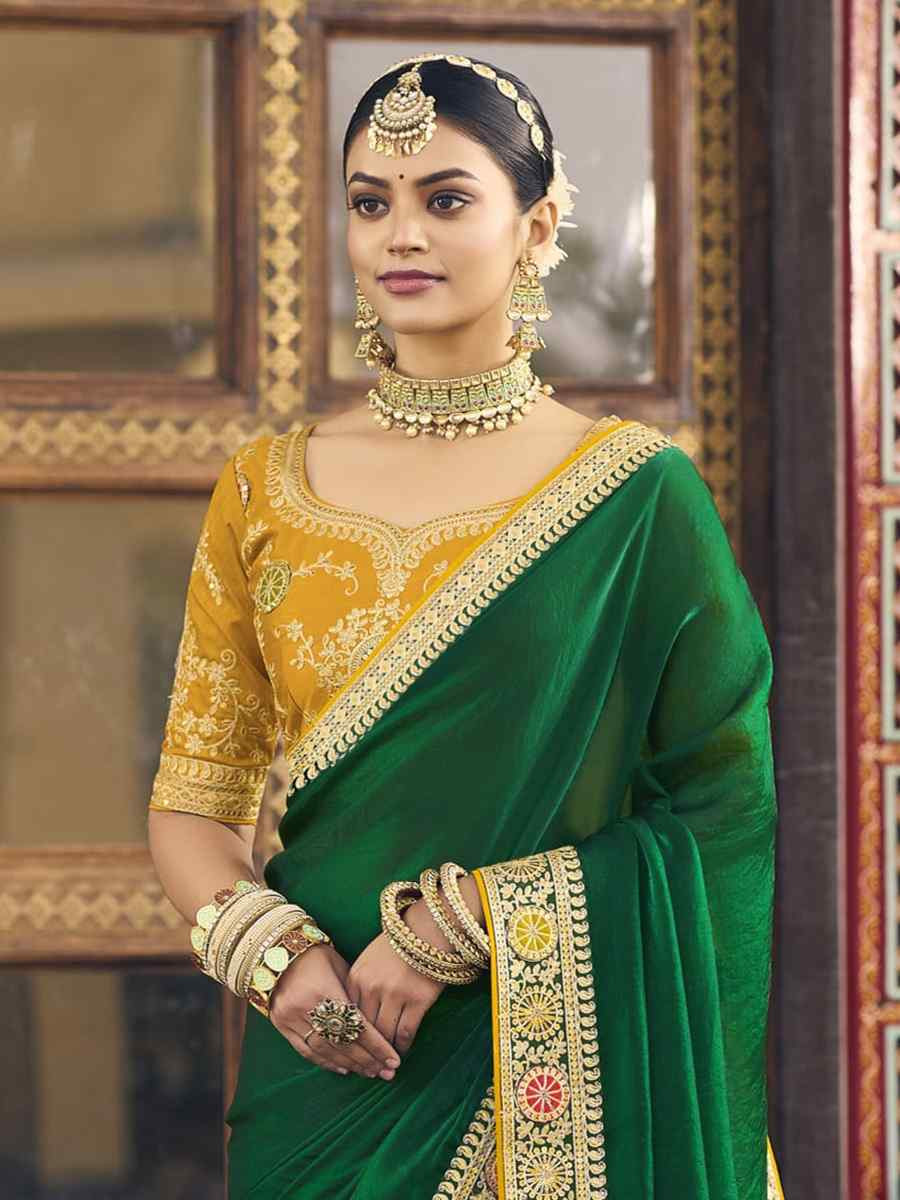 Green Georgette Embroidered Festival Wedding Fancy Heavy Border Saree