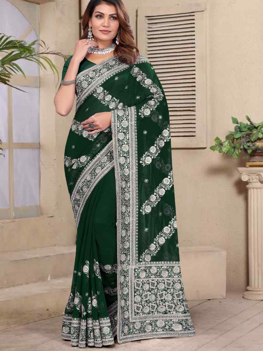 Green Georgette Embroidered Festival Wedding Fancy Heavy Border Saree
