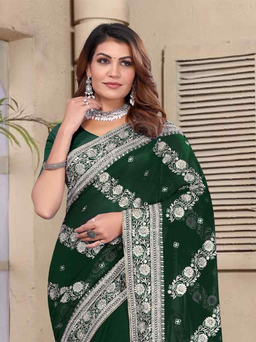 Green Georgette Embroidered Festival Wedding Fancy Heavy Border Saree