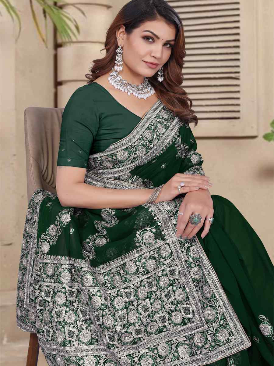 Green Georgette Embroidered Festival Wedding Fancy Heavy Border Saree