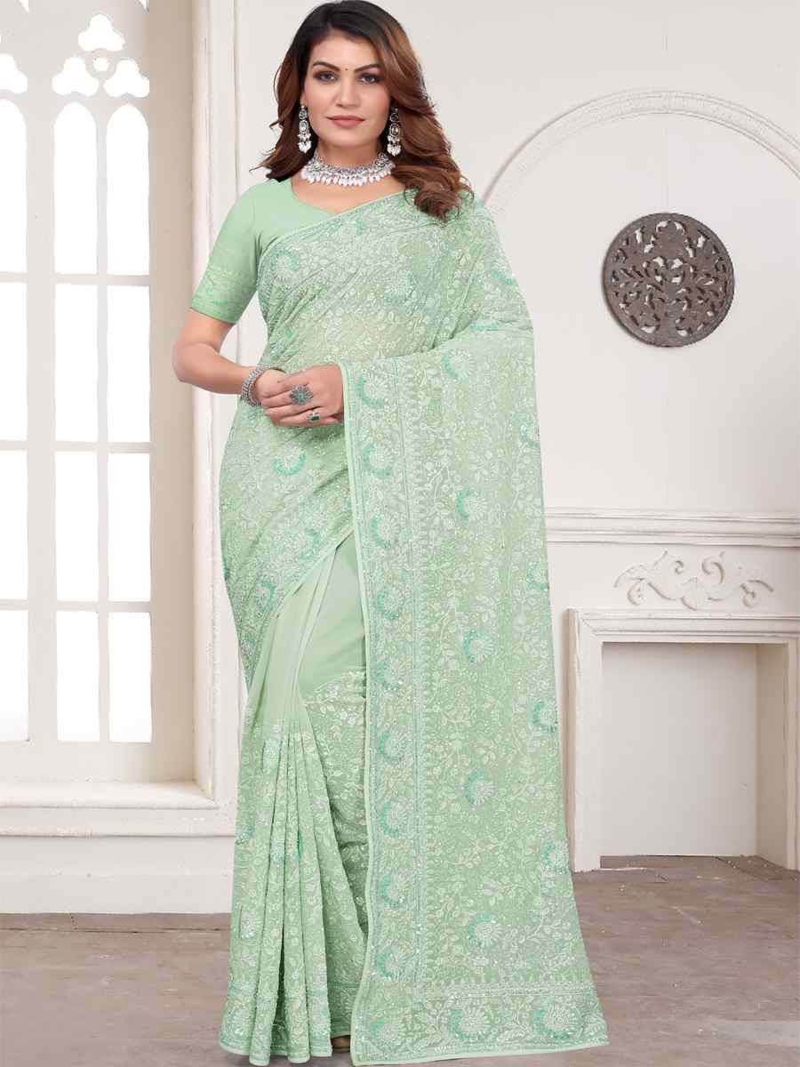 Green Georgette Embroidered Festival Wedding Fancy Heavy Border Saree
