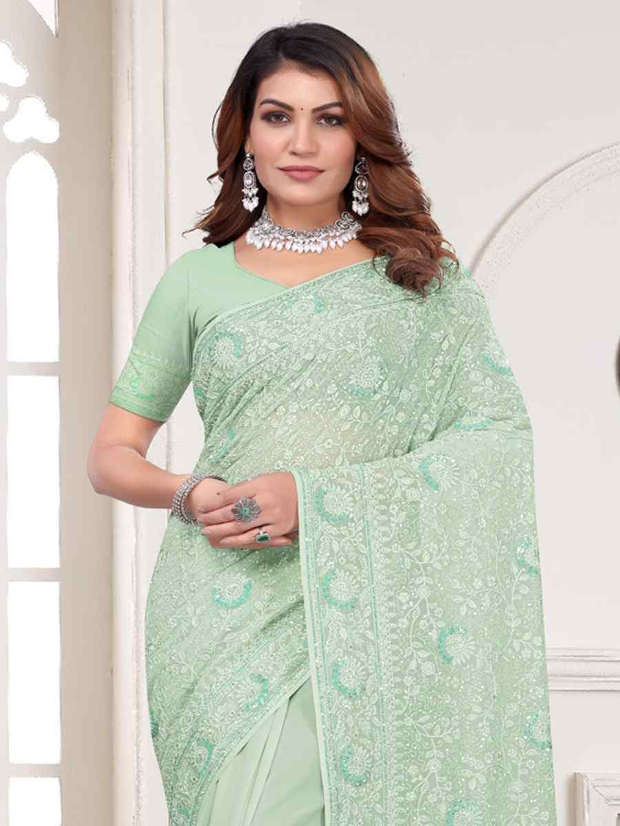 Green Georgette Embroidered Festival Wedding Fancy Heavy Border Saree