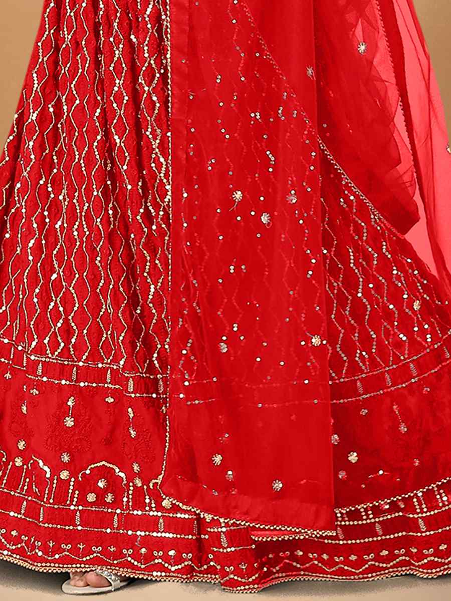 Red Georgette Embroidered Festival Wedding Heavy Border Lehenga Choli