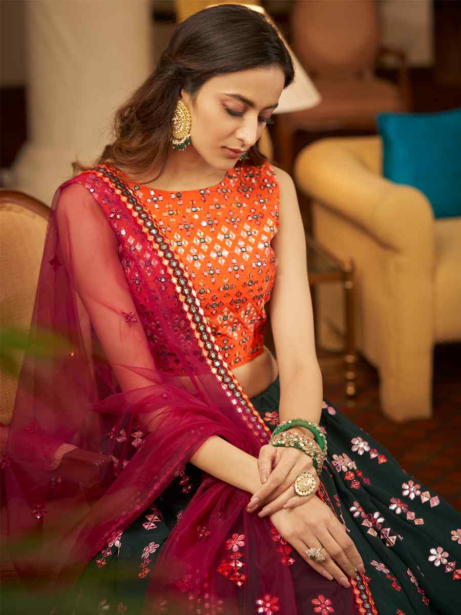 Green Georgette Embroidered Festival Wedding Heavy Border Lehenga Choli