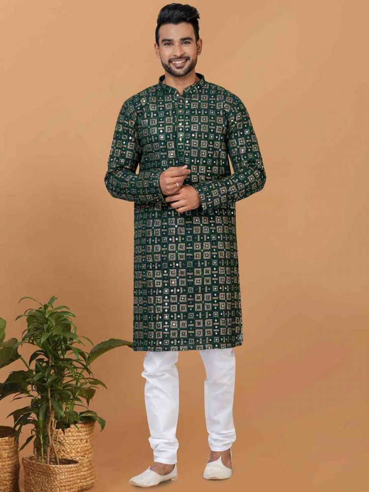 Green Georgette Embroidered Festival Wedding Kurta