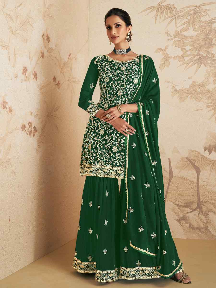 Green Georgette Embroidered Festival Wedding Palazzo Pant Salwar Kameez