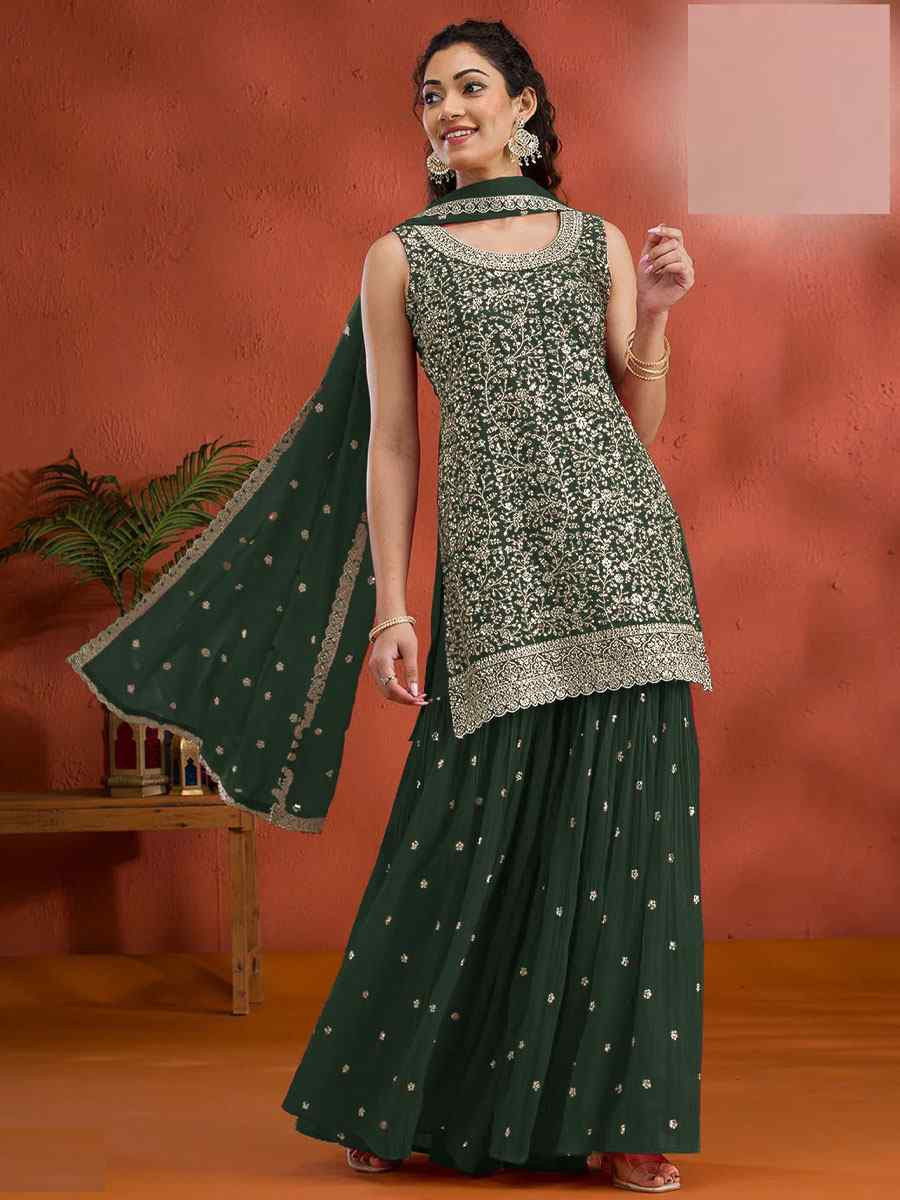 Green Georgette Embroidered Festival Wedding Palazzo Pant Salwar Kameez