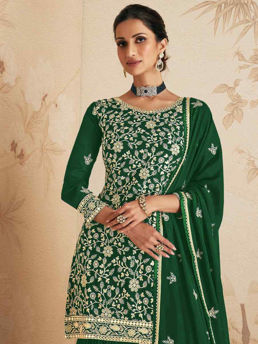 Green Georgette Embroidered Festival Wedding Palazzo Pant Salwar Kameez