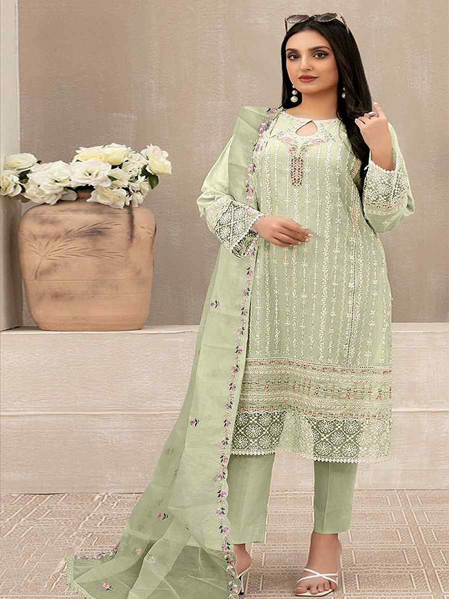 Green Georgette Embroidered Festival Wedding Pant Salwar Kameez