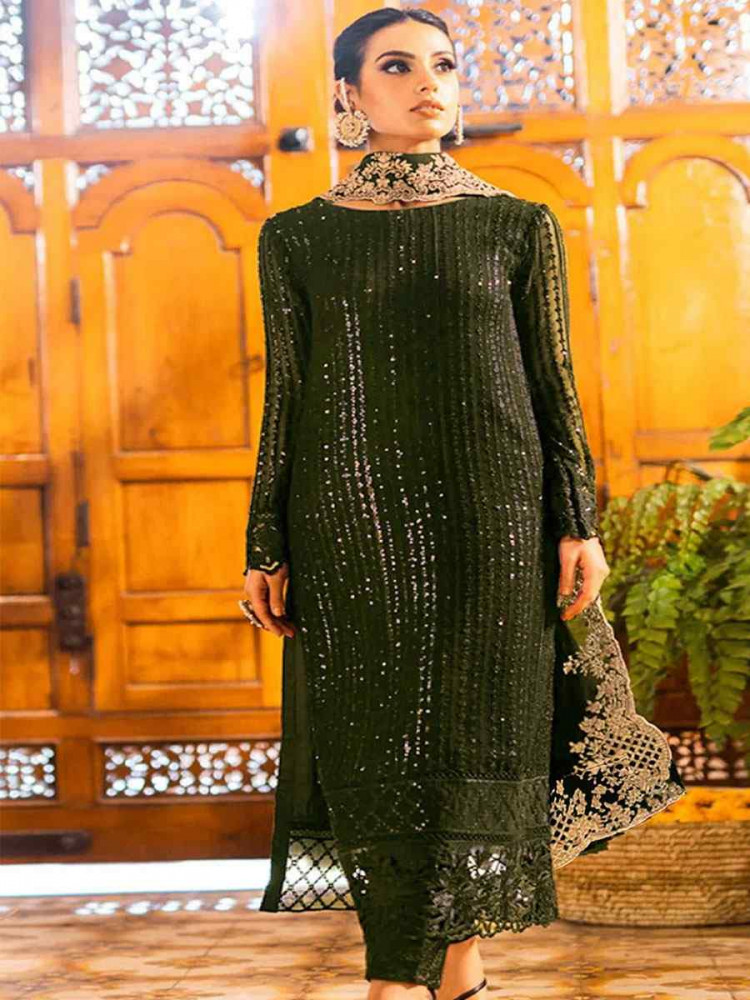 Image of Green Georgette Embroidered Festival Wedding Pant Salwar Kameez