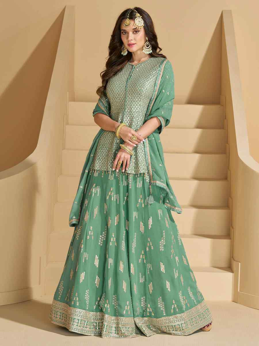 Green Georgette Embroidered Festival Wedding Ready Skirt Salwar Kameez