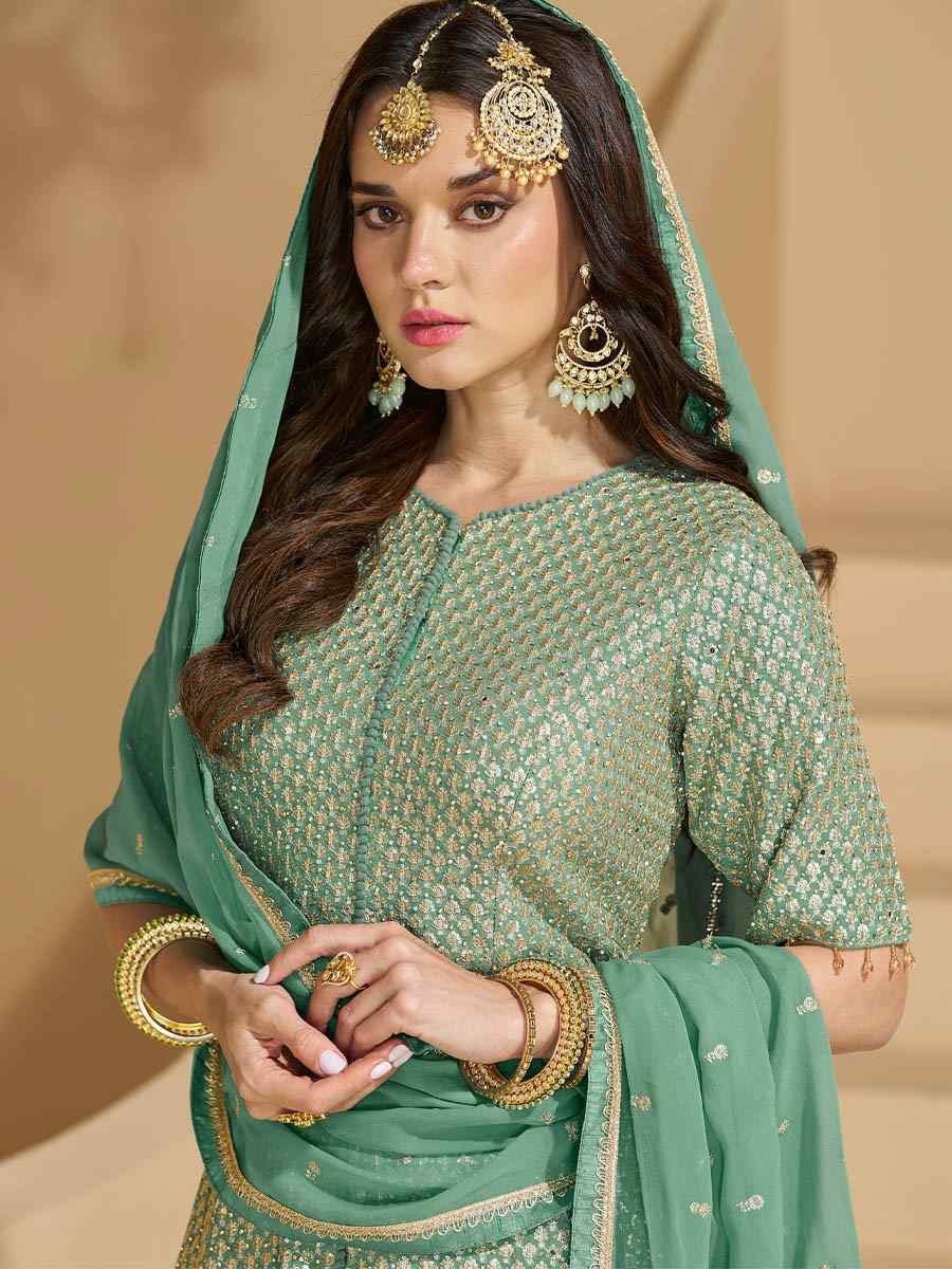 Green Georgette Embroidered Festival Wedding Ready Skirt Salwar Kameez