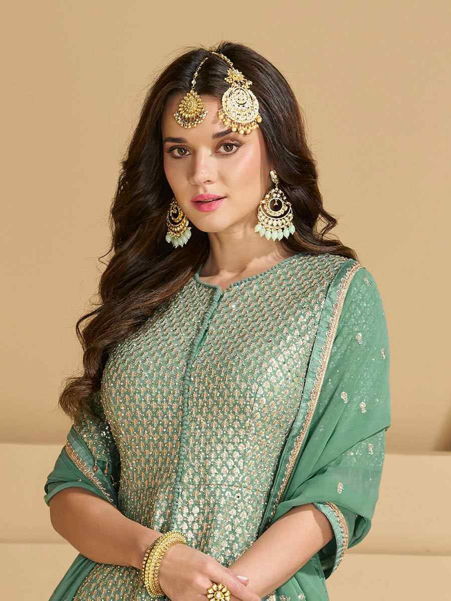 Green Georgette Embroidered Festival Wedding Ready Skirt Salwar Kameez