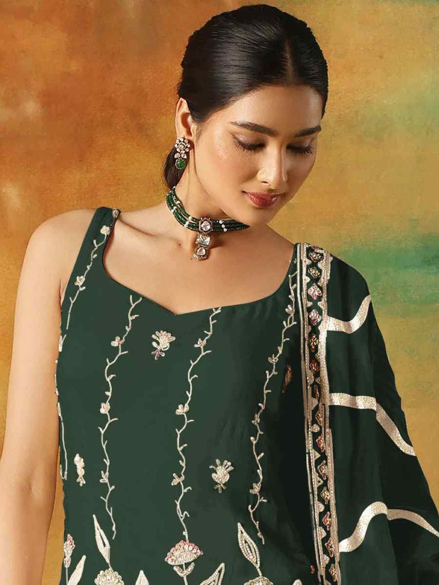 Green Georgette Embroidered Festival Wedding Sharara Pant Salwar Kameez