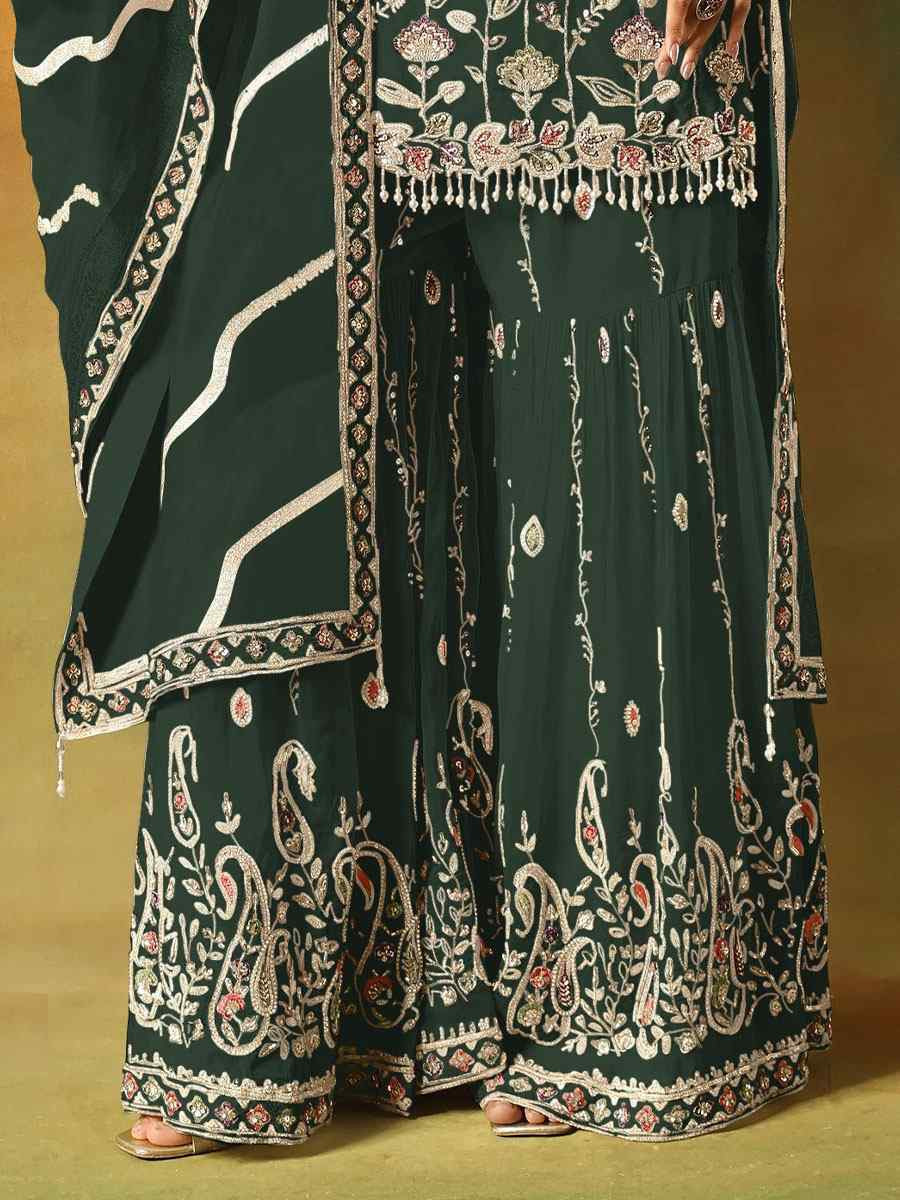 Green Georgette Embroidered Festival Wedding Sharara Pant Salwar Kameez