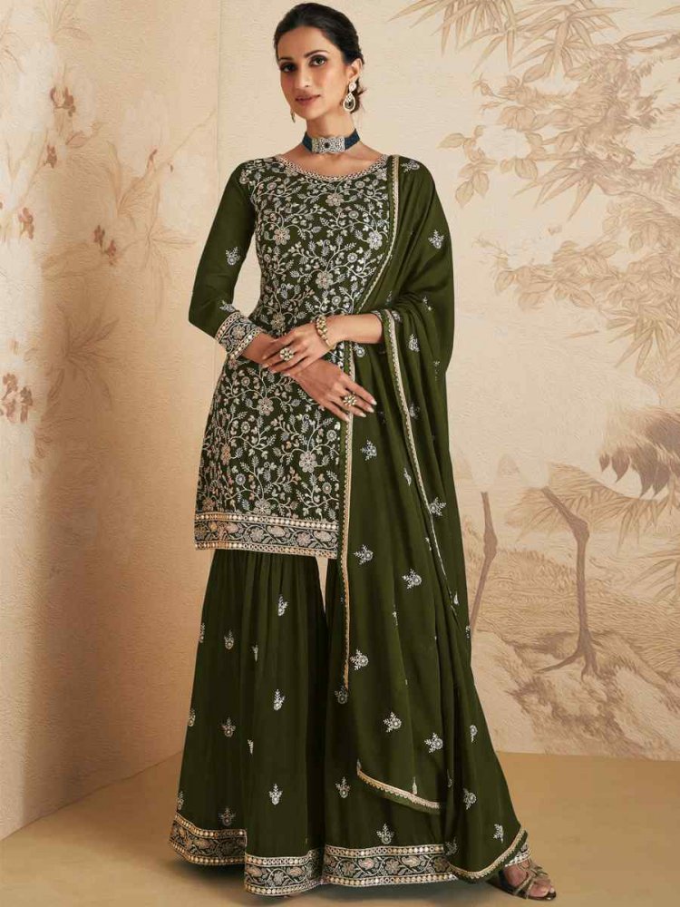 Green Georgette Embroidered Festival Wedding Sharara Pant Salwar Kameez