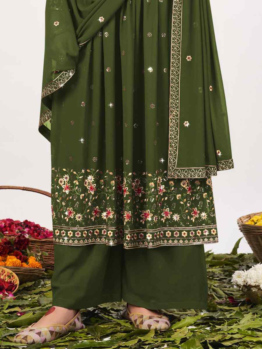 Green Georgette Embroidered Mehendi Festival Palazzo Pant Salwar Kameez