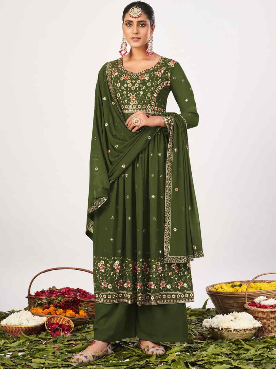 Green Georgette Embroidered Mehendi Festival Palazzo Pant Salwar Kameez