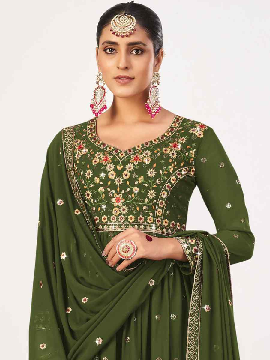 Green Georgette Embroidered Mehendi Festival Palazzo Pant Salwar Kameez