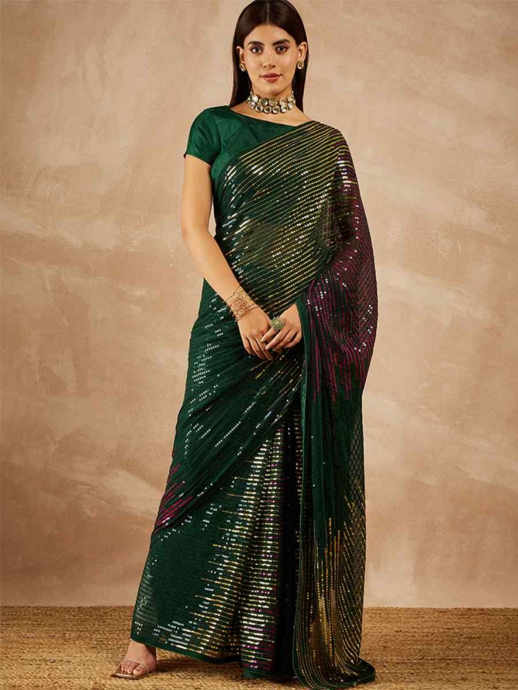 Green Georgette Embroidered Party Cocktail Classic Style Saree
