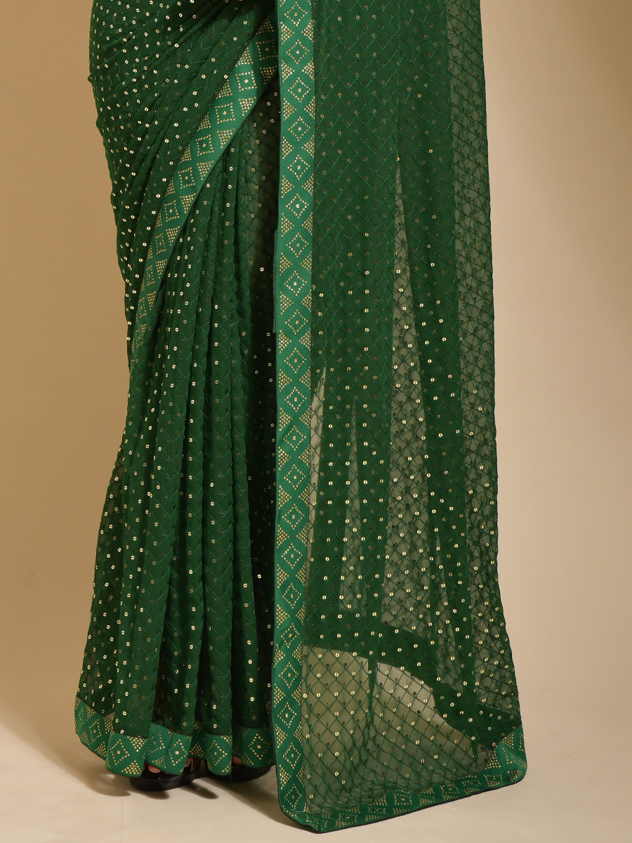 Green Georgette Embroidered Party Festival Classic Style Saree