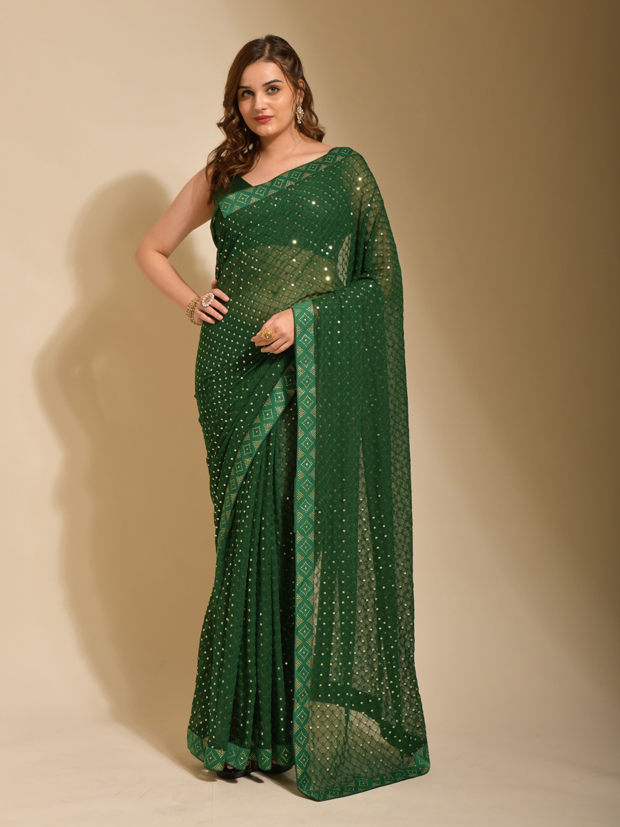 Green Georgette Embroidered Party Festival Classic Style Saree