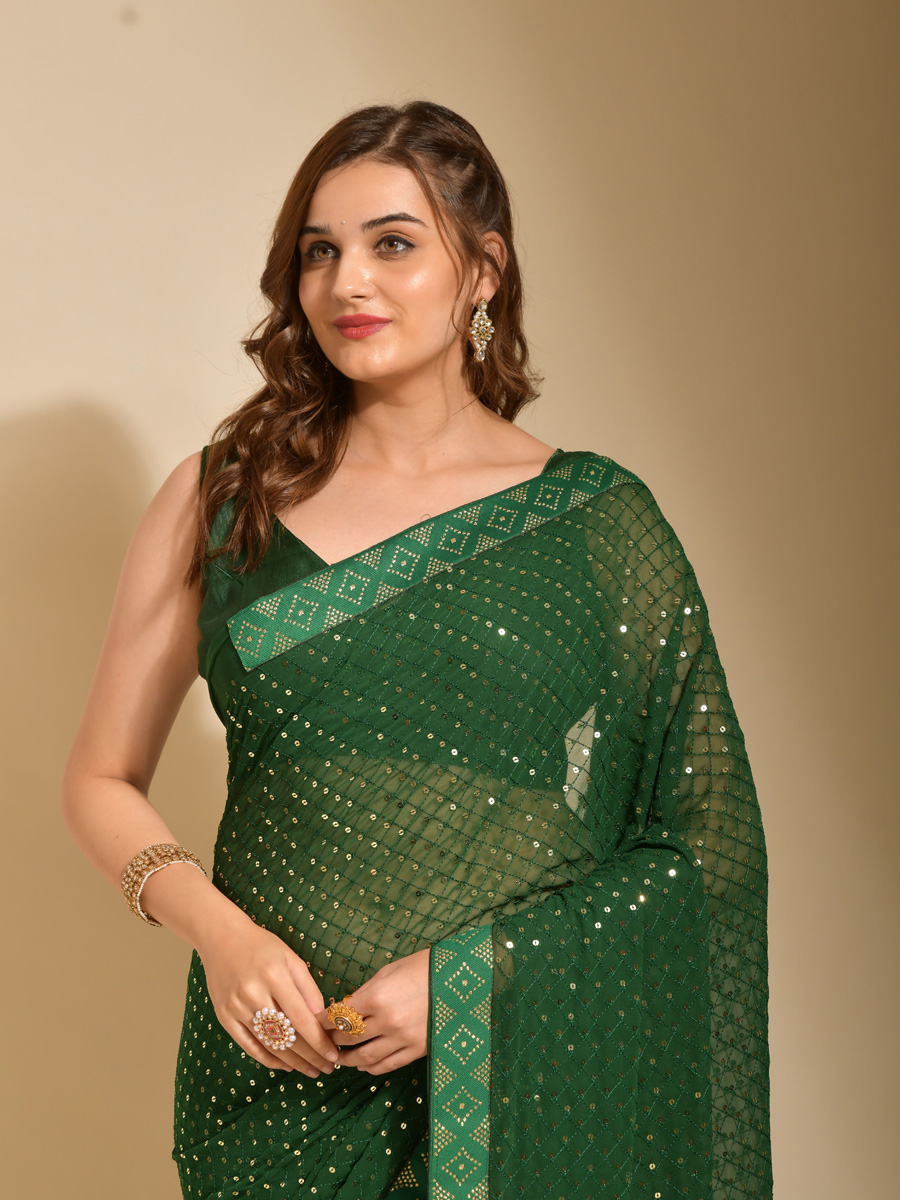 Green Georgette Embroidered Party Festival Classic Style Saree