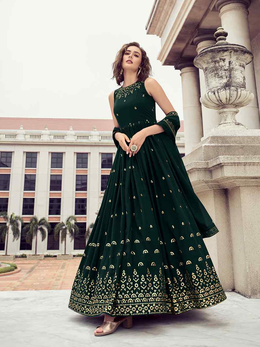 Green Georgette Embroidered Party Gown