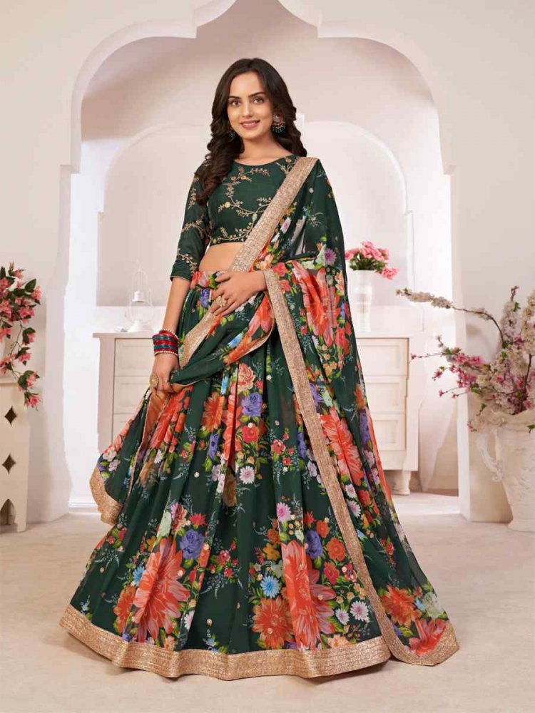 Green Georgette Embroidered Printed Sequins Wedding Festival Traditional Lehenga Choli
