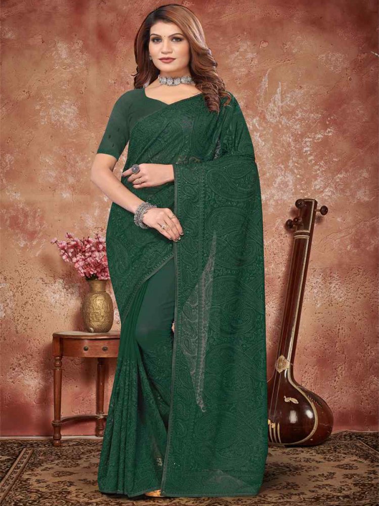 Green Georgette Embroidered Reception Party Heavy Border Saree
