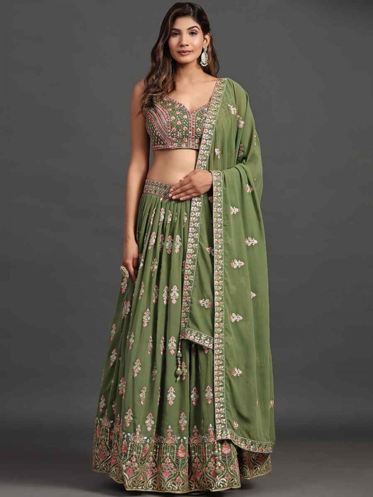 Green Georgette Embroidered Reception Ready Heavy Border Lehenga Choli