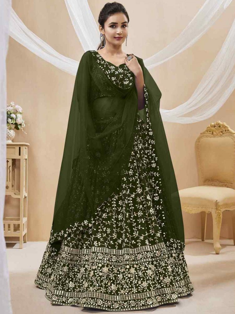 Green Georgette Embroidered Reception Wedding Heavy Border Lehenga Choli