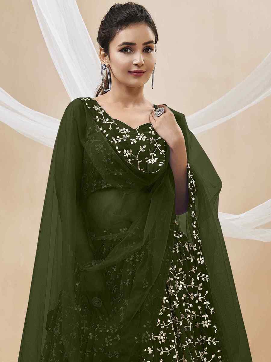 Green Georgette Embroidered Reception Wedding Heavy Border Lehenga Choli