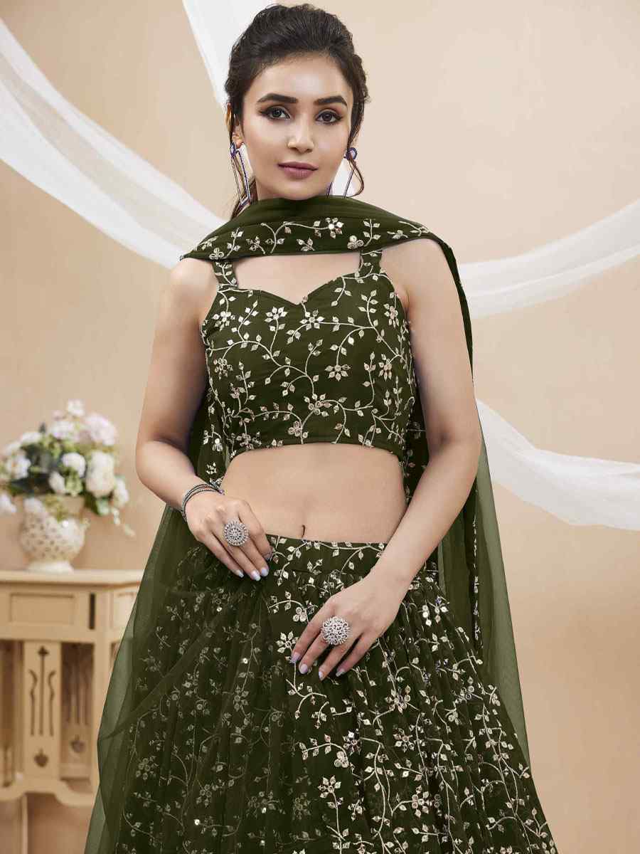 Green Georgette Embroidered Reception Wedding Heavy Border Lehenga Choli