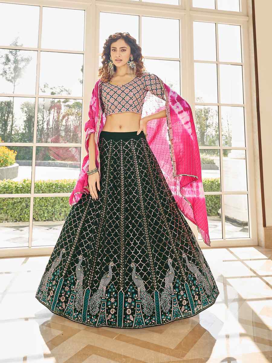 Green Georgette Embroidered Sequins Wedding Festival Circular Lehenga Choli