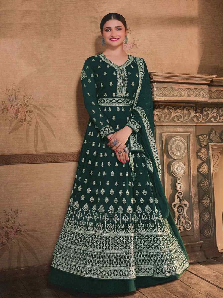 Green Georgette Embroidered Wedding Festival Anarkali Bollywood StyleSalwar Kameez