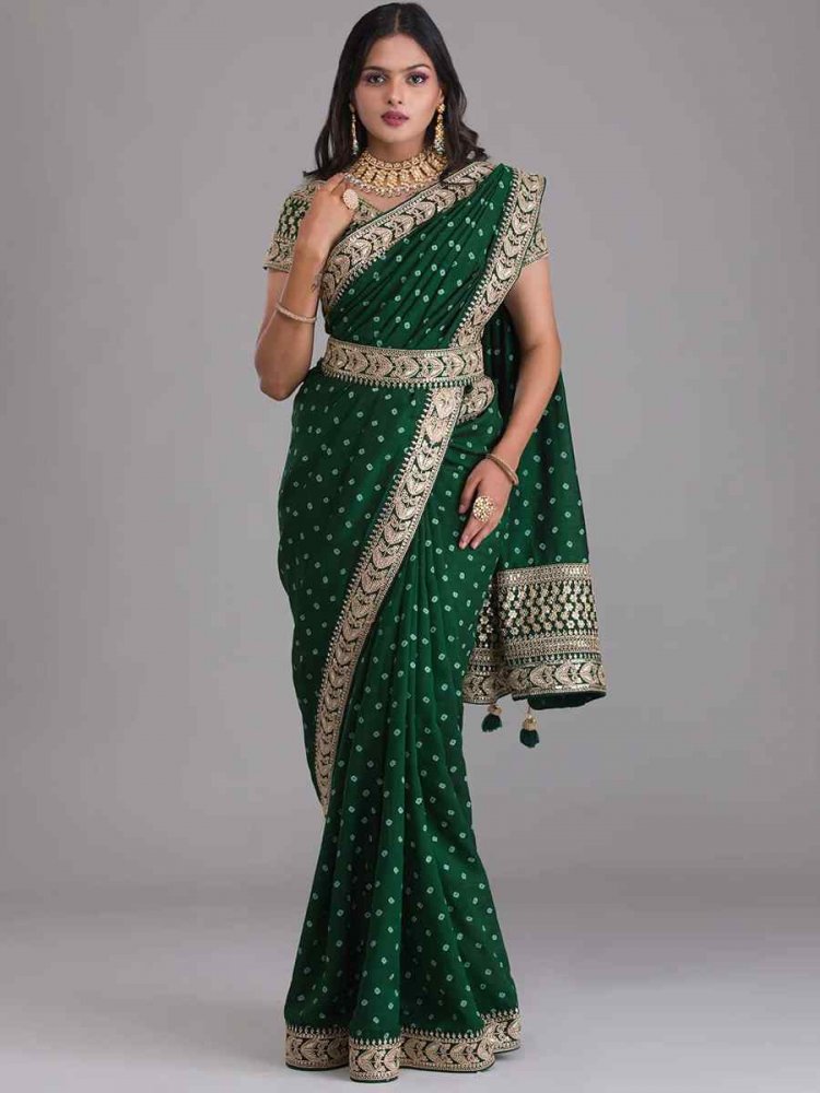 Green Georgette Embroidered Wedding Festival Heavy Border Saree