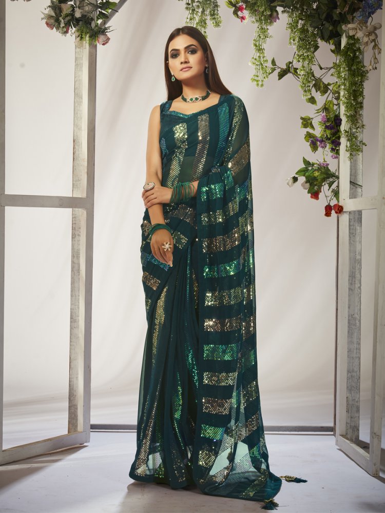 Green Georgette Embroidered Wedding Festival Heavy Border Saree