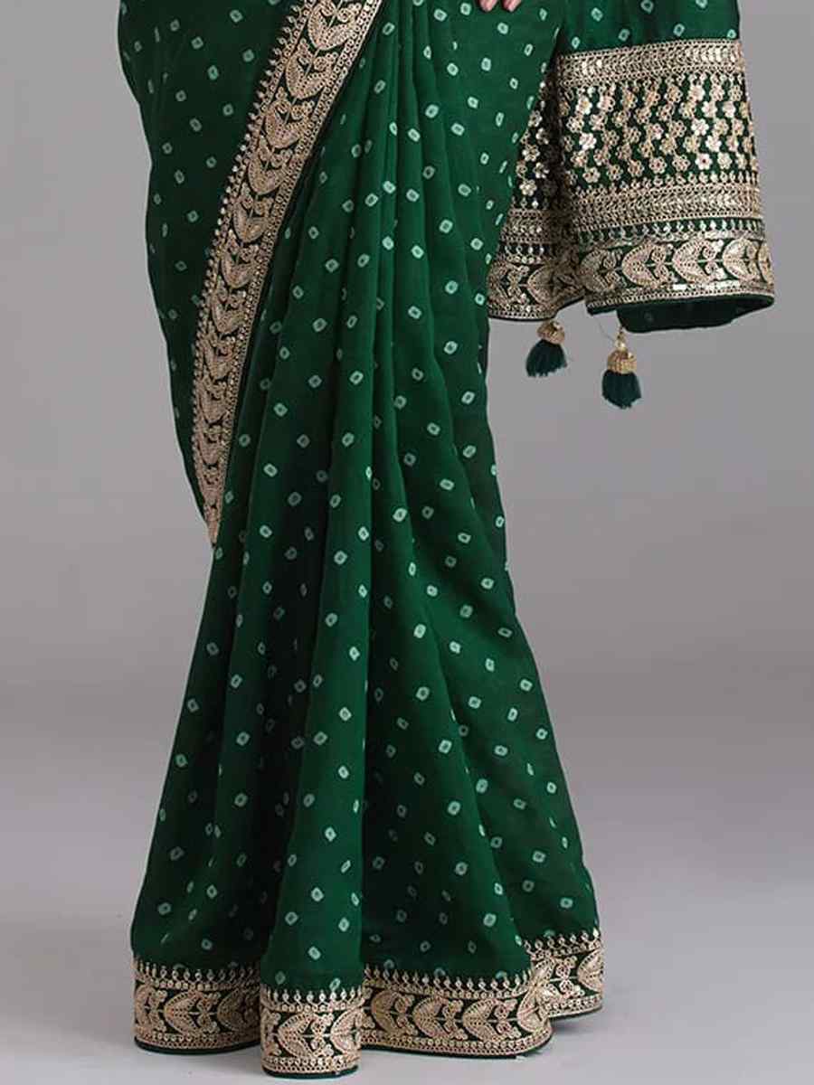 Green Georgette Embroidered Wedding Festival Heavy Border Saree
