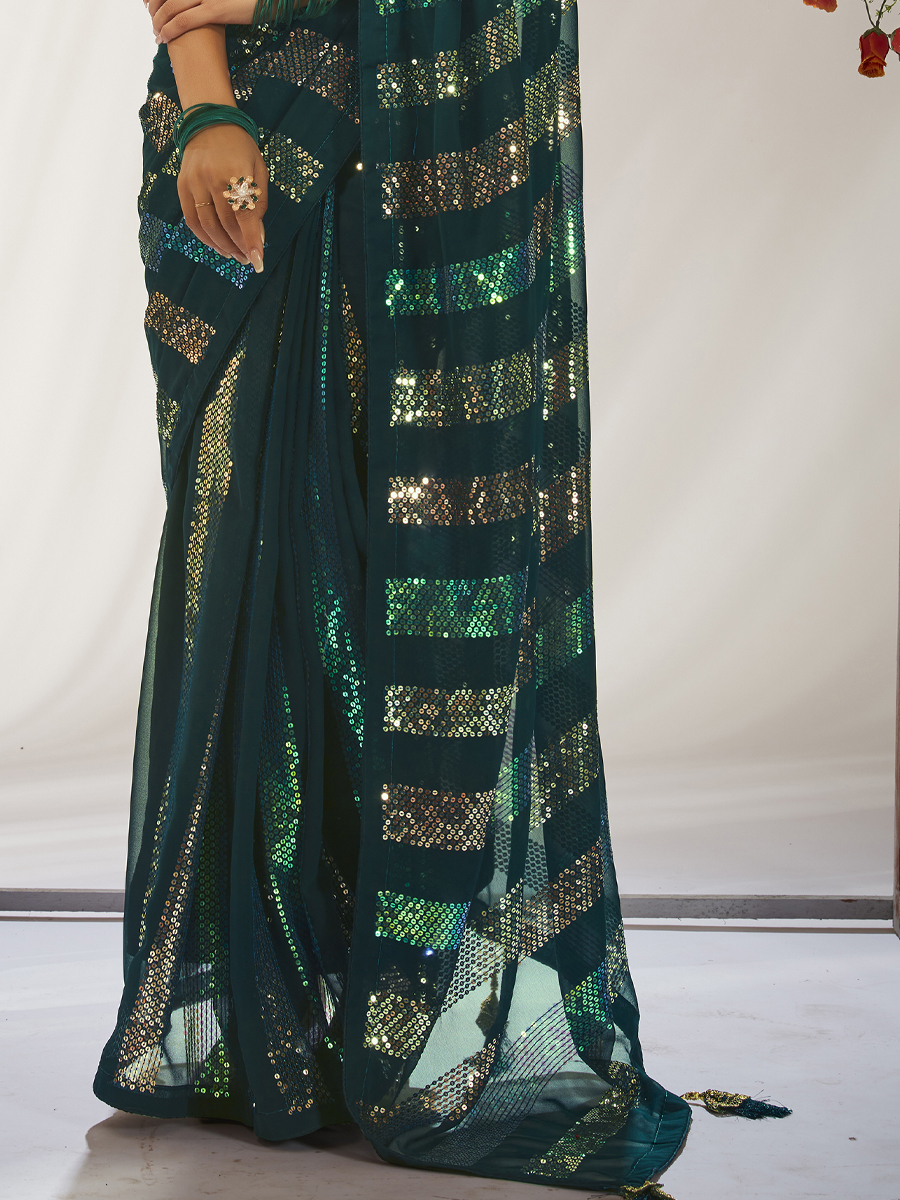 Green Georgette Embroidered Wedding Festival Heavy Border Saree