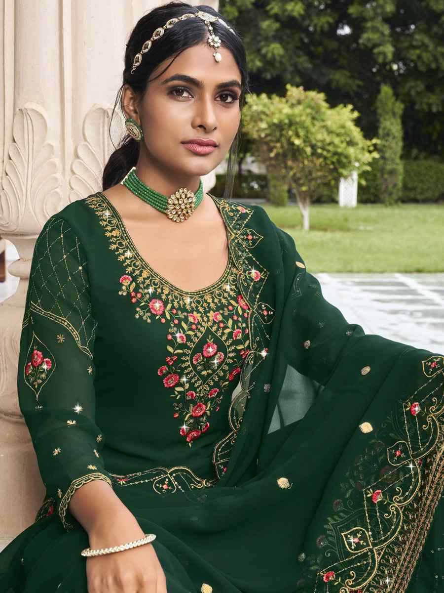 Green Georgette Embroidered Wedding Festival Sharara Pant Salwar Kameez