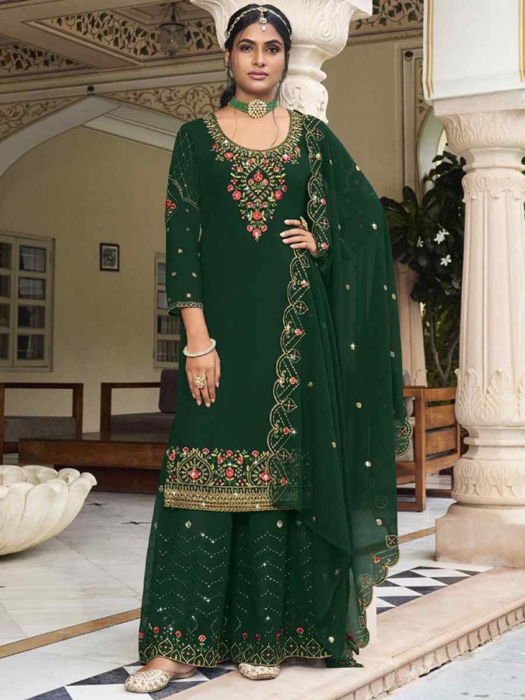 Green Georgette Embroidered Wedding Festival Sharara Pant Salwar Kameez